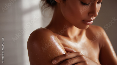 A Black woman applying a luxurious body oil.	A beautiful Black woman with glowing skin is shown from the shoulder down, smoothly applying a rich, nourishing body oil to her arm after a bath.
