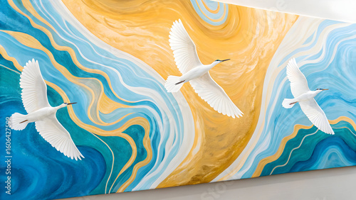 Abstract painting of birds in flight with gold blue and white tones