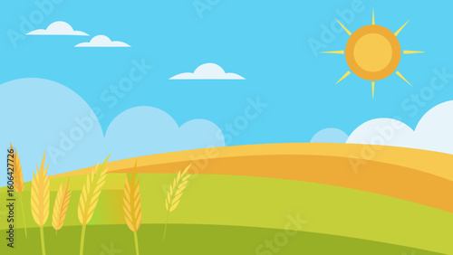 Cartoon Field With Waving Grass and Sunny Sky