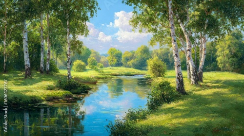 Sunlit, grassy landscape with birches reflecting in a calm, blue, meandering river
