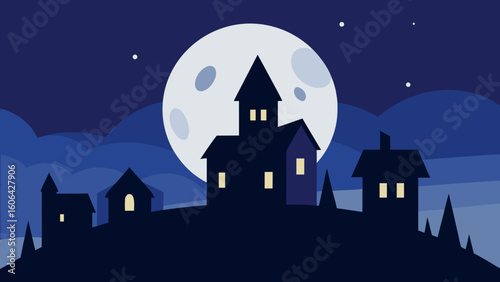 Full Moon Rising Over Ghostly Village