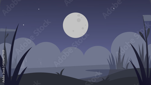 Full Moon Shining Over Foggy Marsh