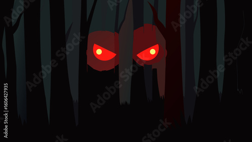 Glowing Red Eyes in Dark Forest