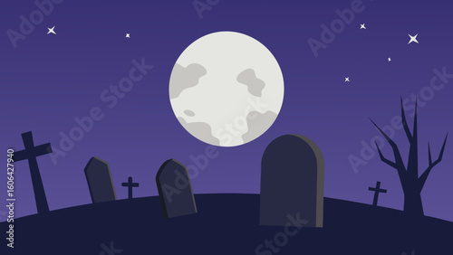 Graveyard With Broken Tombstones and Full Moon