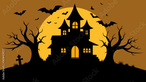 Haunted House Silhouette with Bats and Trees