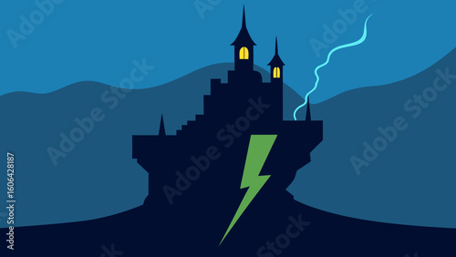 Spooky Castle on Cliff with Lightning