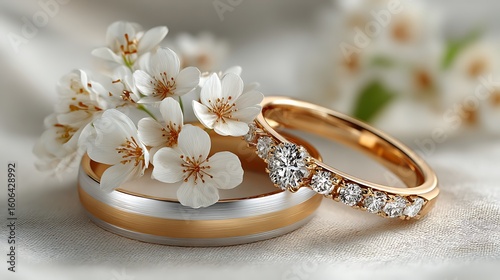 wedding rings on a bouquet of flowers