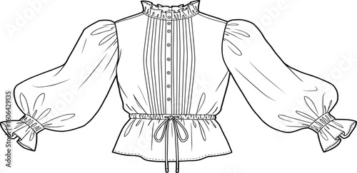 Fashion blouse technical CAD flat vector illustration, long puff sleeve top with ruffle neck, button front and drawstring waist design