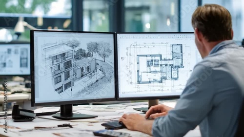 Architectural Design: An architect engrossed in his design, the image shows the process of architecture from the inside. Showing the beauty of planning and design from an architectural point of view.
