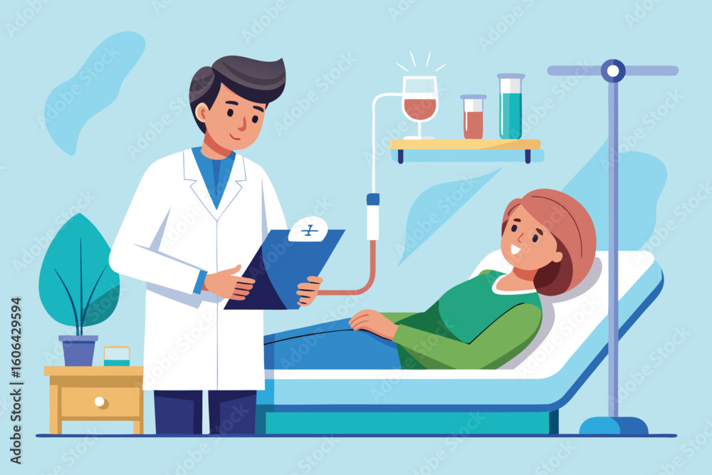 Doctor conducting a health checkup for a patient lying in a hospital bed in a modern clinic setting during daytime Doctor conducting a health checkup for a patient lying in a hospital bed in a modern clinic setting during daytime