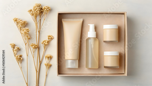 Beige skincare gift set mockup with dried flowers