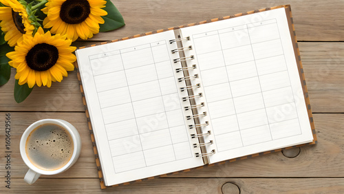 Open spiral bound planner with blank calendar grid, coffee cup, and sunflowers on rustic wooden background, top view