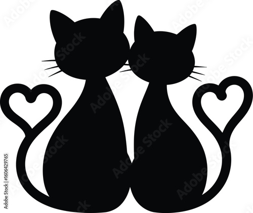 Two black cats with heart tails silhouette