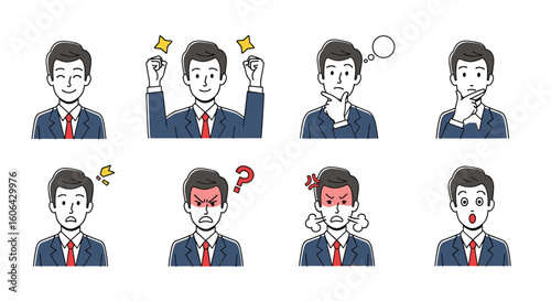 Collection of eight diverse emotional expressions depicted on a person's face with a simple stylized design suitable for visual communication and user interface elements