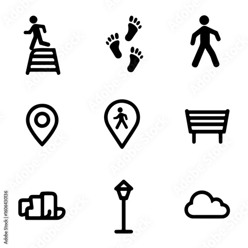 Walking Zone Icons. Outline icon set of walking and pedestrian zones: pedestrian crossing, footstep path, sidewalk, crossing 
