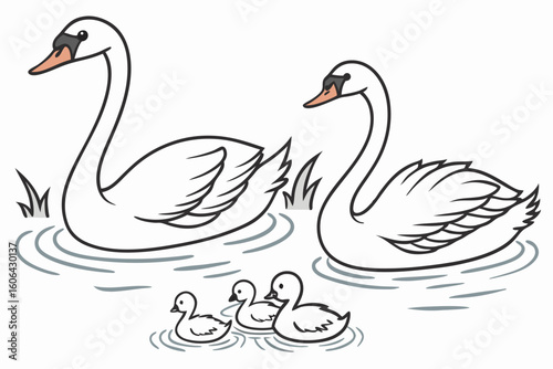 Graceful Swans and Ducklings Serene Water Scene Peaceful Wildlife Illustration