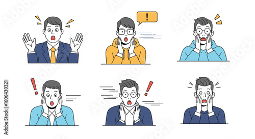 Collection of six different facial expressions and emotions depicting shock surprise and anger in business professionals