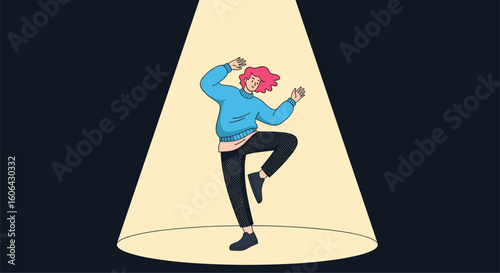 Joyful young woman dancing energetically under a bright spotlight on a dark stage