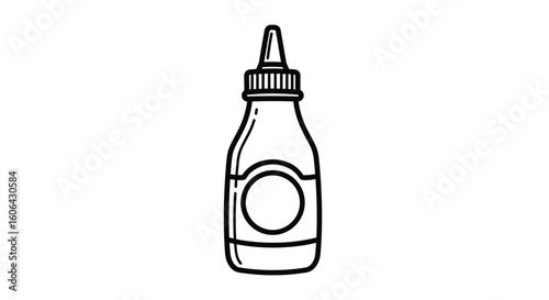 A simple black and white line drawing of a squeeze bottle with a cap and label indicating a sauce or condiment for culinary use