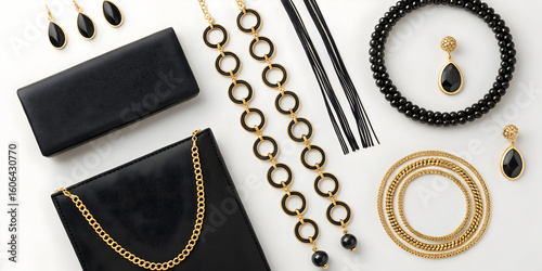 Elegant black and gold fashion accessories flat lay with clutch bags, beaded bracelet, chain necklaces, and drop earrings on white background