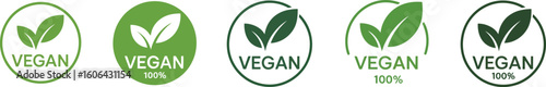 Various Vegan Green Badges Designs Featuring Leaves and Text on White Background