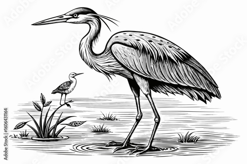 Detailed black and white illustration of a heron and a small bird in water