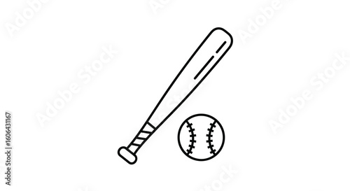 Detailed illustration of a baseball bat and ball in outline style representing the sport of baseball and its equipment