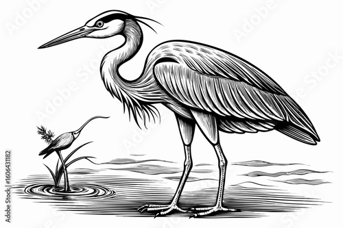 Elegant heron standing in water with small bird