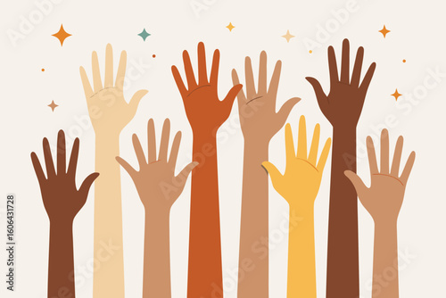 Diverse hands raised in unity and celebration