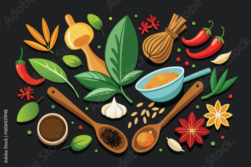 Colorful vector illustration showcasing a diverse composition of spices and herbs with utensils against a dark background, highlighting culinary essentials for flavor enhancement