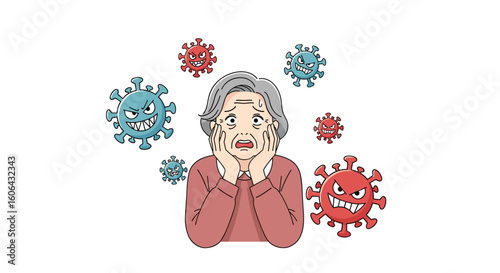 Elderly individual experiencing anxiety surrounded by representations of viruses and illnesses illustrating health concerns and vulnerability during outbreaks