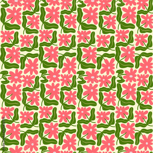 Seamless floral pattern with red and pink flowers and leaves for spring and summer wallpaper and textile design