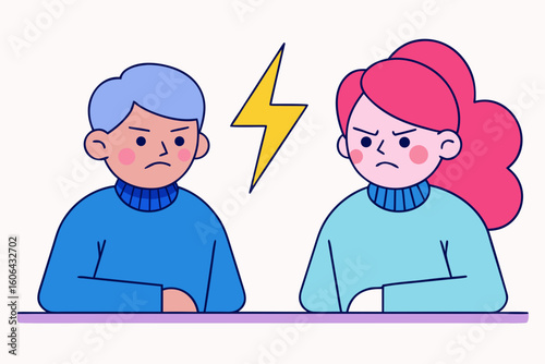 Two people arguing with a lightning bolt between them