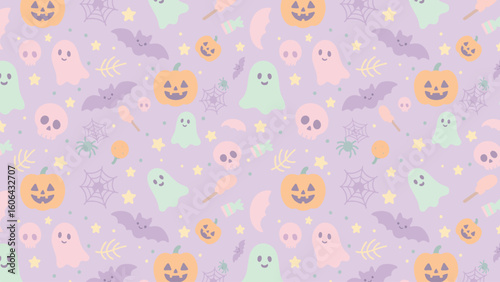 Cute seamless Halloween pattern vector with pastel ghosts, pumpkins, skulls, bats, and stars on purple background. Perfect for kids’ designs, textiles, or seasonal decorations.