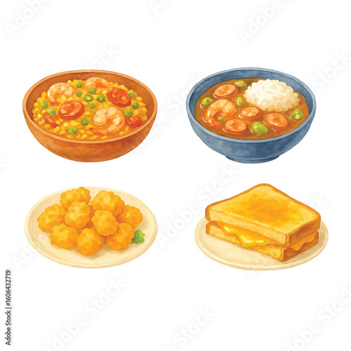 American Food Watercolor Pack #3—Jambalaya, Gumbo, Tater Tots, Grilled Cheese. Watercolor Illustration. Design Element. Clip art. Suitable for artwork design.