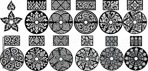 Set of circular Thai traditional patterns in black on white background. Includes various floral and flame motifs. Ideal for decorative design, logos, or cultural artworks.