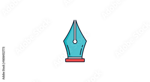 A bright blue and red fountain pen nib positioned vertically with a sharp point and ink reservoir against a plain white background