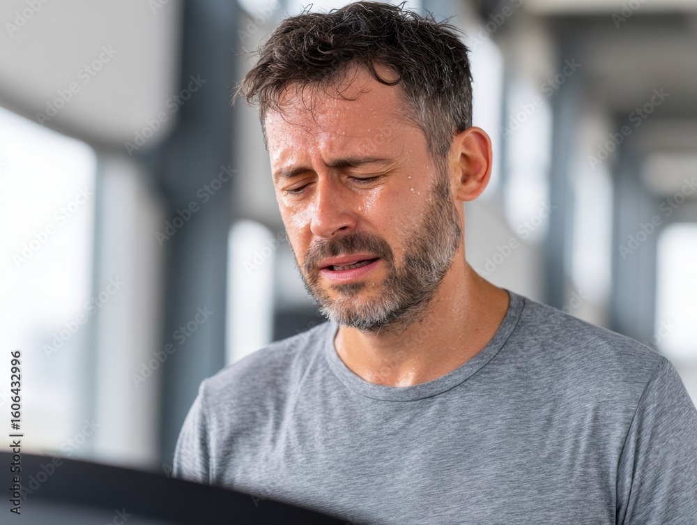 Obraz premium Sweaty man with closed eyes exercising, looking exhausted during intense workout.