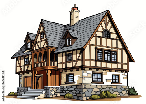 Charming tudor style house with stone foundation and dormer windows