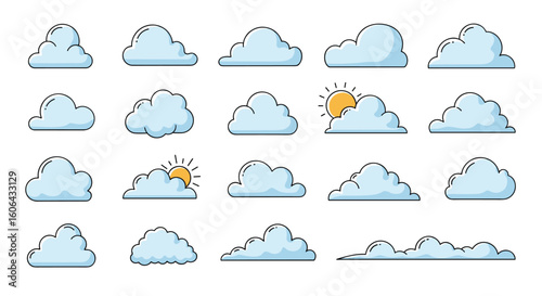 Collection of diverse cloud illustrations in various shapes and sizes with and without sun elements ideal for digital design projects
