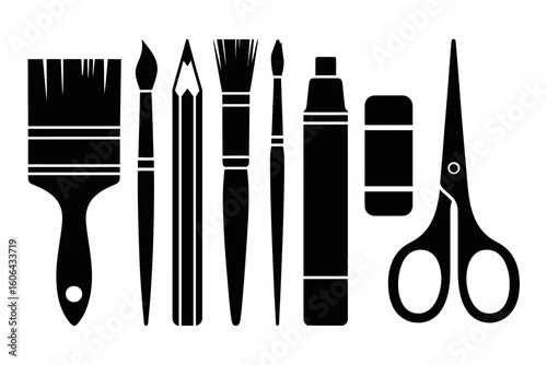 Collection of art and craft supplies including brushes pencil scissors glue and eraser silhouette isolated on white background