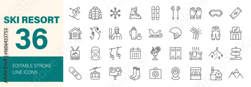 Ski Resort icon set. Containing skiing, slope, snowboard, mountain, lift, cabin, fireplace, winter, helmet, goggles, ski gear and more. Editable line icons. Vector illustration.