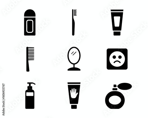 Collection of personal care and hygiene icons silhouette isolated on white background