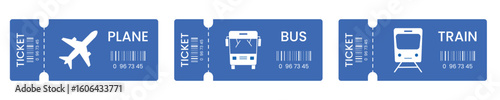 Transport Tickets Set – Blue Plane, Bus, and Train Icons with Barcode Design