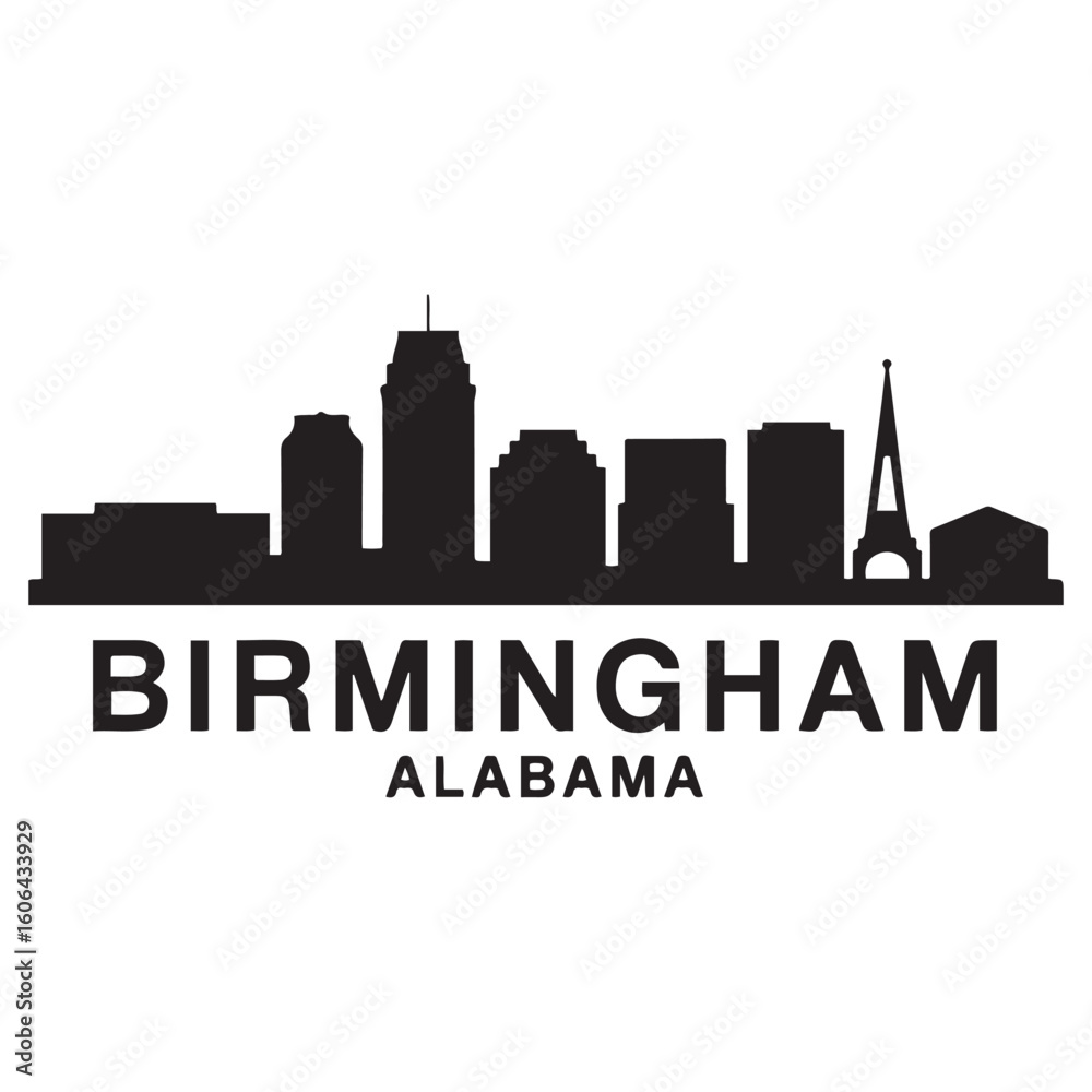 Obraz premium Birmingham skyline horizontal banner. Birmingham, Alabama. Vector template for your design. Vector black silhouette. with white background