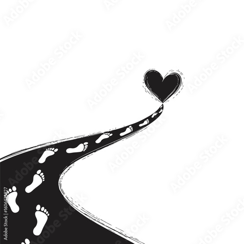 A winding path marked by footprints leads to a heart, symbolizing a journey of love