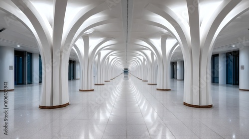 Long corridor with white arched columns and shiny floor