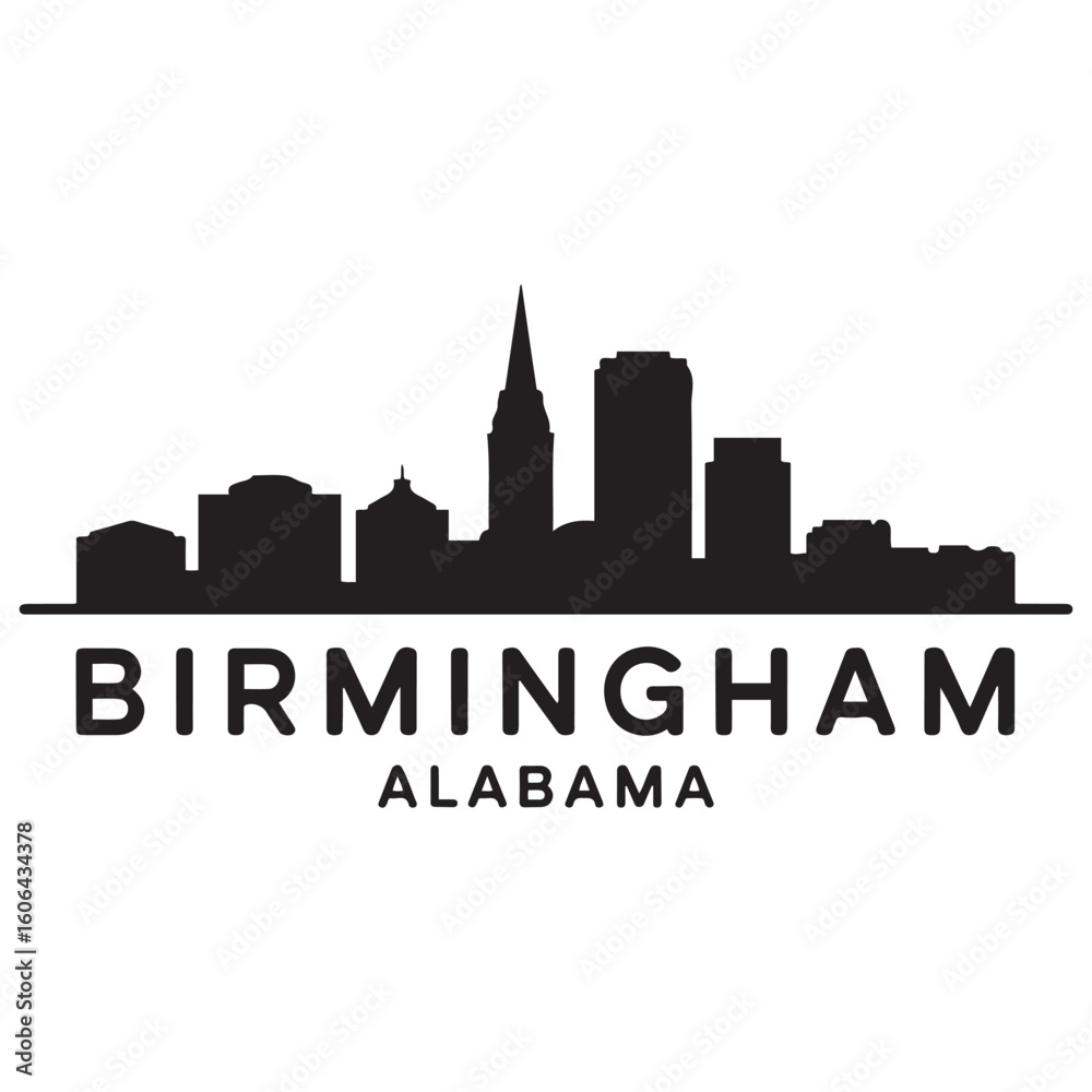 Obraz premium Birmingham skyline horizontal banner. Birmingham, Alabama. Vector template for your design. Vector black silhouette. with white background