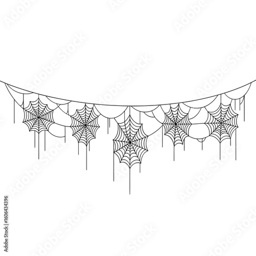 A string of five spiderwebs hangs like a garland, isolated on a white background