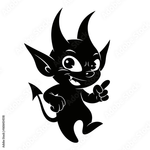 A black silhouette of a cute but spooky devil with horns and a tail, isolated on a white background